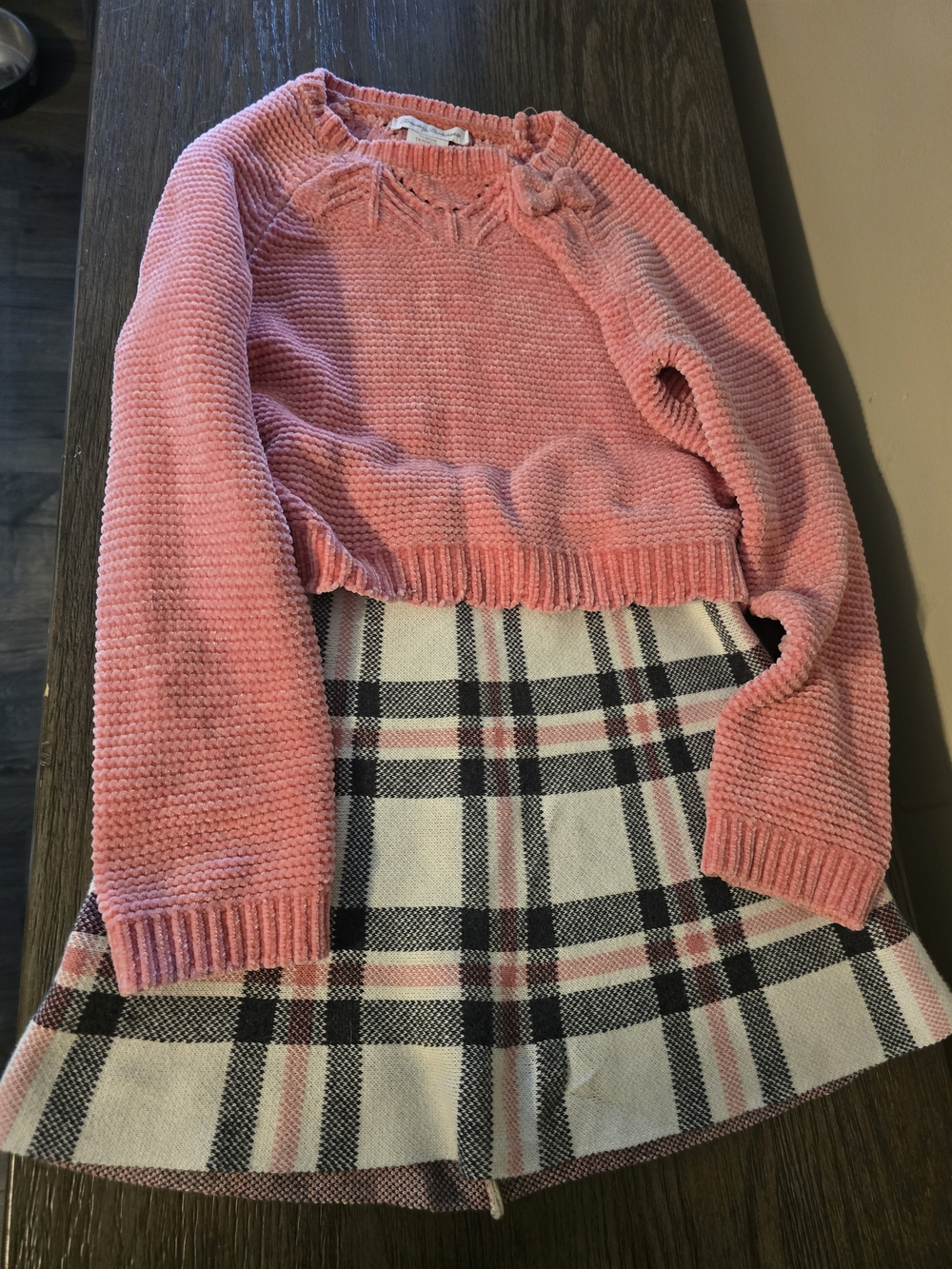 Tommy Bahama Pink Knit Sweater with Plaid Skirt Set